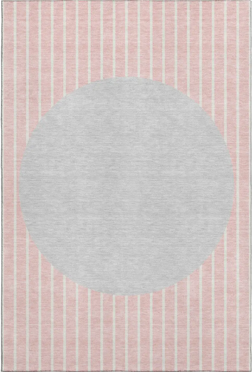 Pink Ivory And Gray Striped Washable Area Rug With UV Protection Photo 1