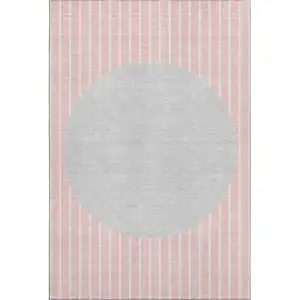 Photo of Pink Ivory And Gray Striped Washable Area Rug With UV Protection