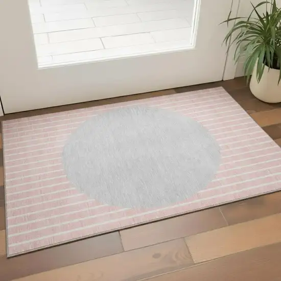 Pink Ivory And Gray Striped Washable Area Rug With UV Protection Photo 2