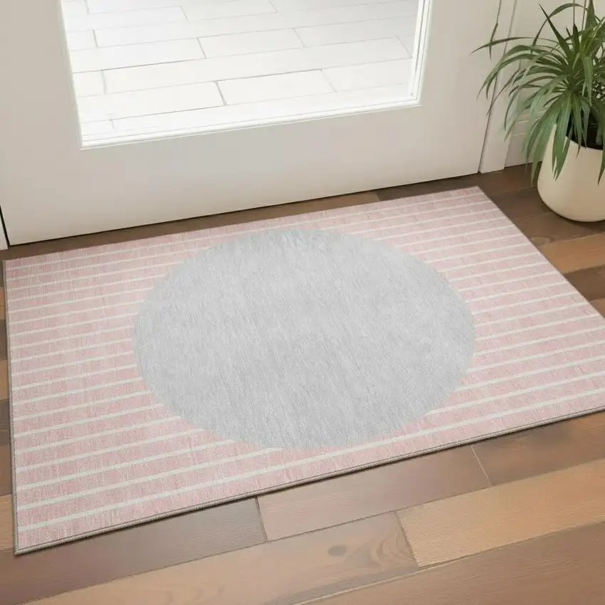 Pink Ivory And Gray Striped Washable Area Rug With UV Protection Photo 2