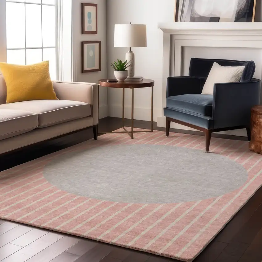 Pink Ivory And Gray Striped Washable Area Rug With UV Protection Photo 4