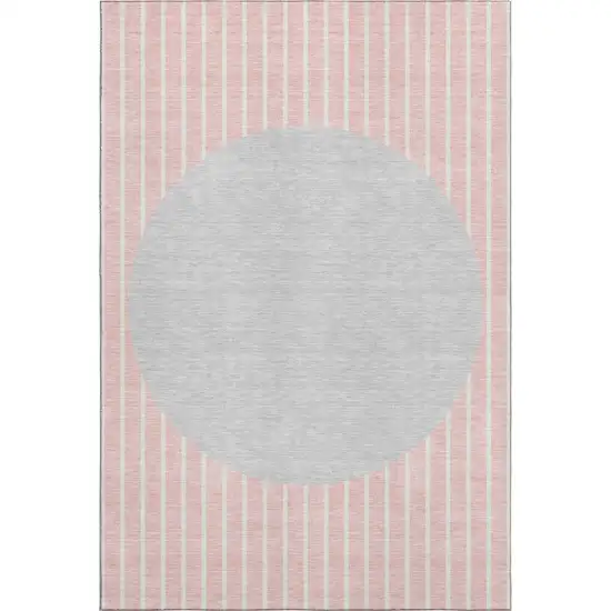 Pink Ivory And Gray Striped Washable Area Rug With UV Protection Photo 1