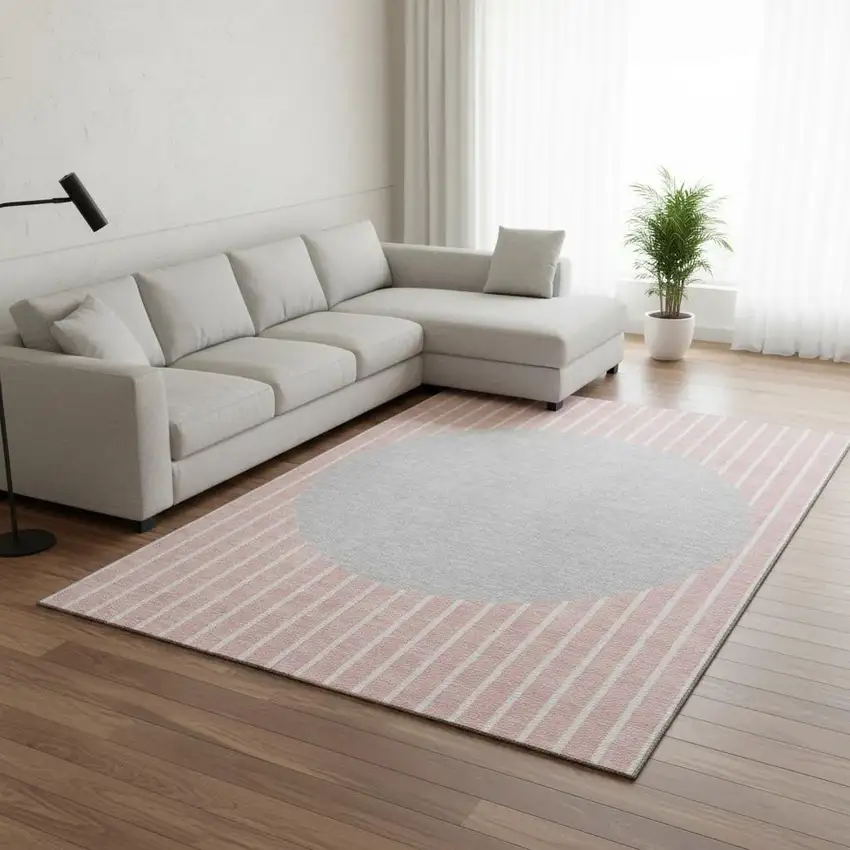 Pink Ivory And Gray Striped Washable Area Rug With UV Protection Photo 2