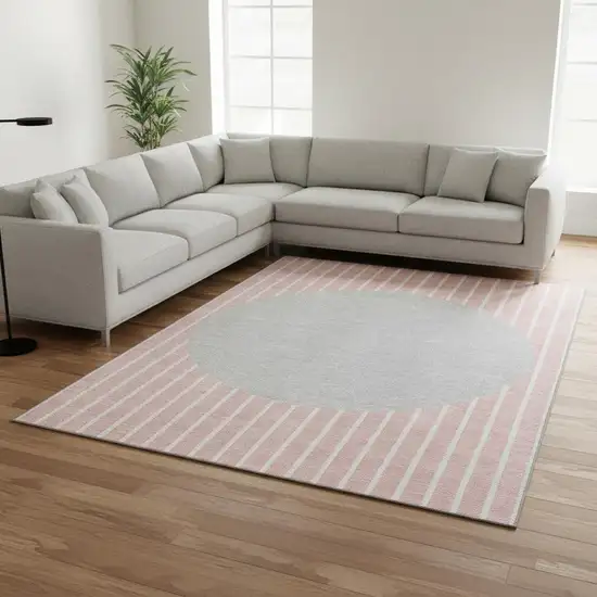 Pink Ivory And Gray Striped Washable Area Rug With UV Protection Photo 2