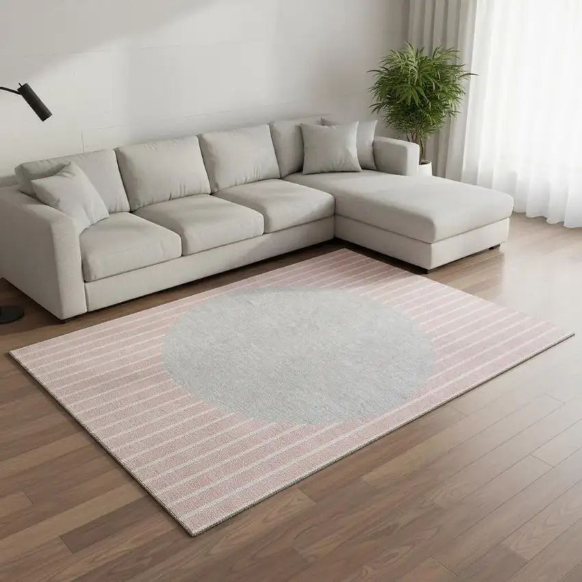 Pink Ivory And Gray Striped Washable Area Rug With UV Protection Photo 2