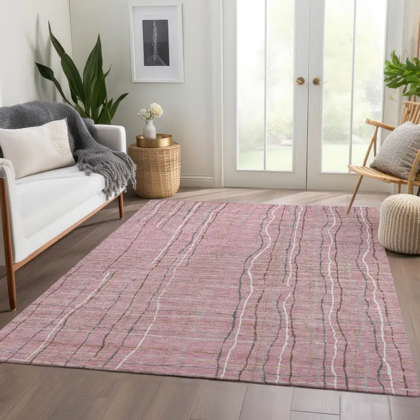 Pink Ivory And Gray Striped Washable Area Rug With UV Protection Photo 1