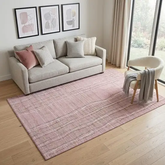 Pink Ivory And Gray Striped Washable Area Rug With UV Protection Photo 1