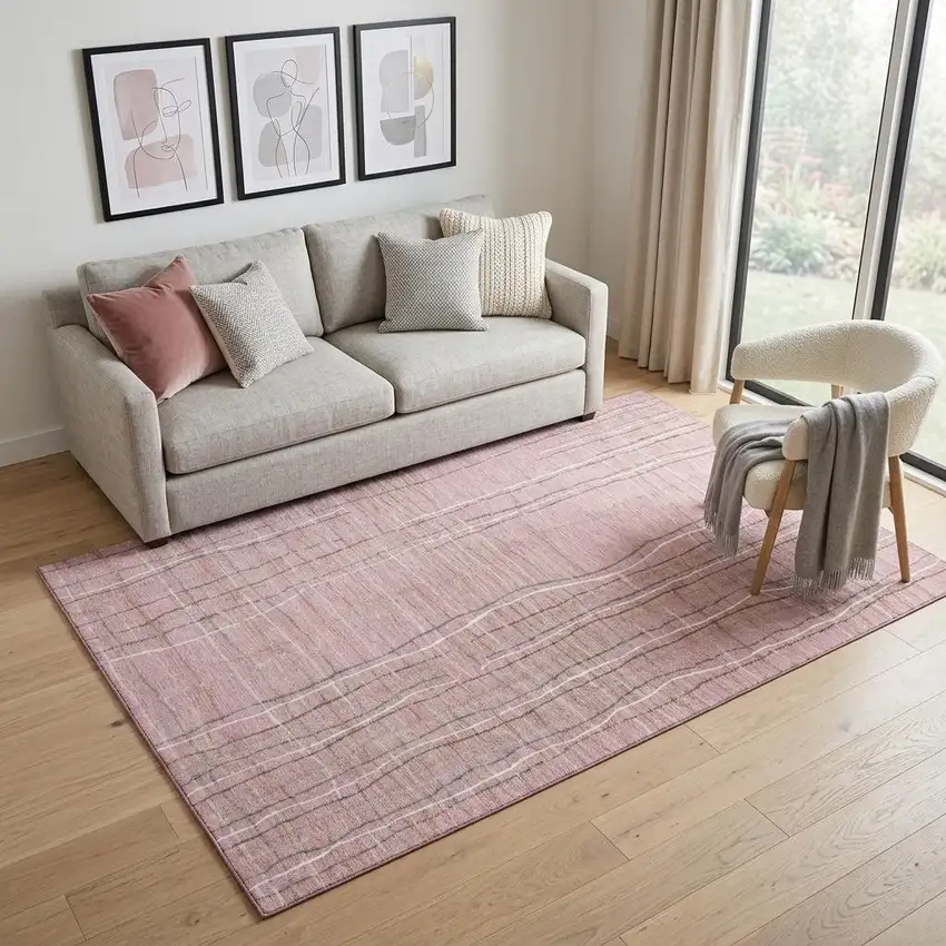 Pink Ivory And Gray Striped Washable Area Rug With UV Protection Photo 1