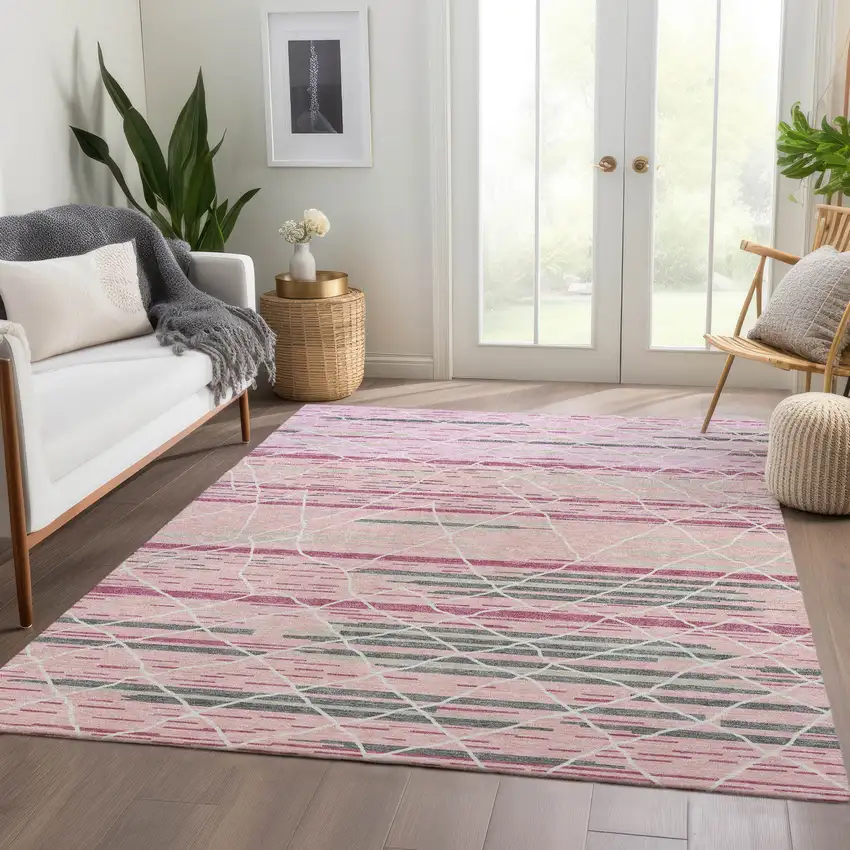 Pink Ivory And Gray Striped Washable Area Rug With UV Protection Photo 3
