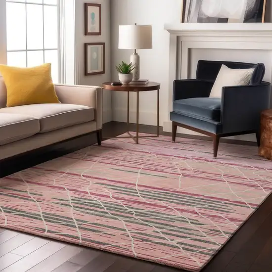 Pink Ivory And Gray Striped Washable Area Rug With UV Protection Photo 2