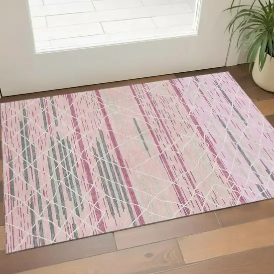 Pink Ivory And Gray Striped Washable Area Rug With UV Protection Photo 1