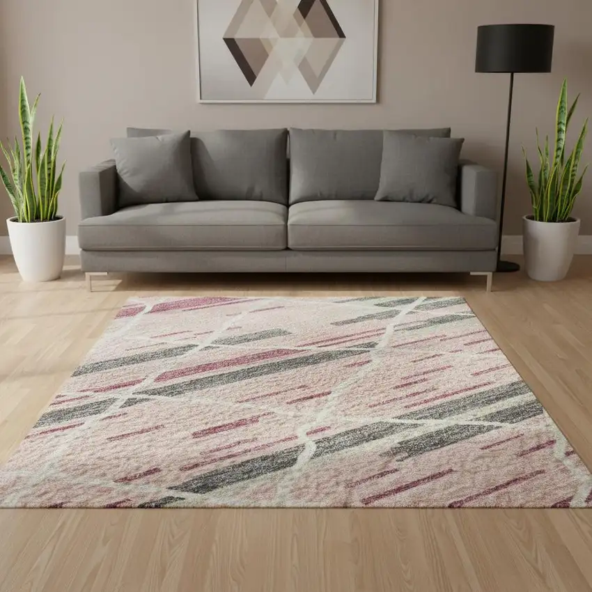 Pink Ivory And Gray Striped Washable Area Rug With UV Protection Photo 2