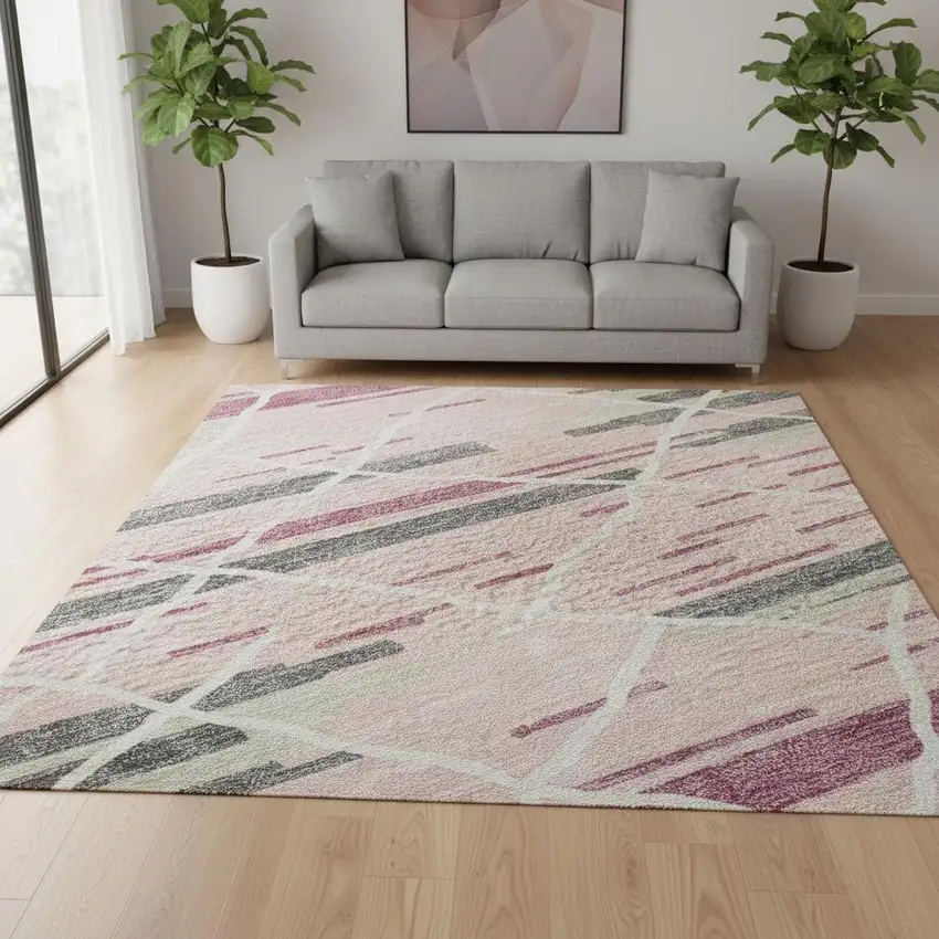 Pink Ivory And Gray Striped Washable Area Rug With UV Protection Photo 2