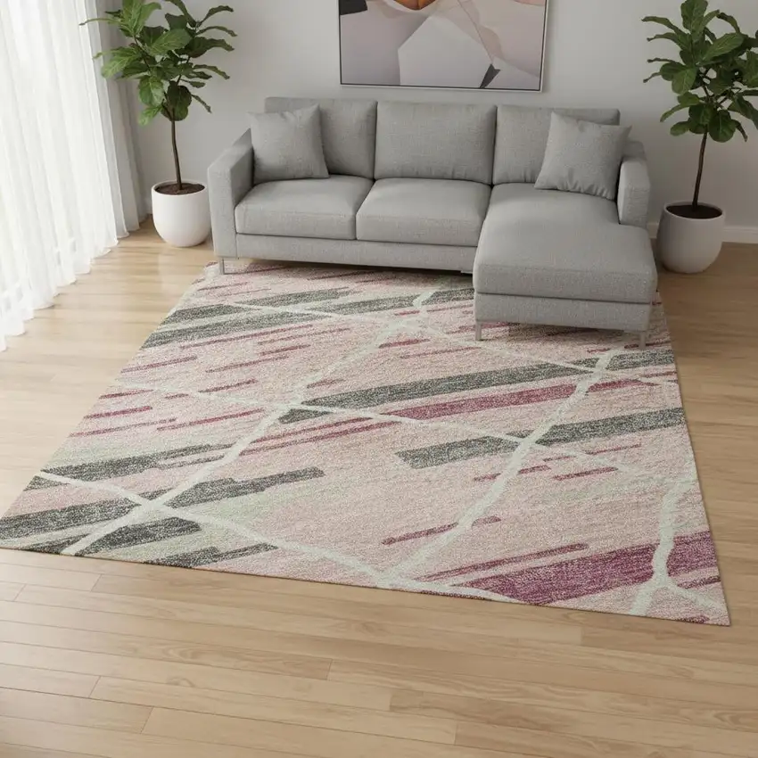 Pink Ivory And Gray Striped Washable Area Rug With UV Protection Photo 2