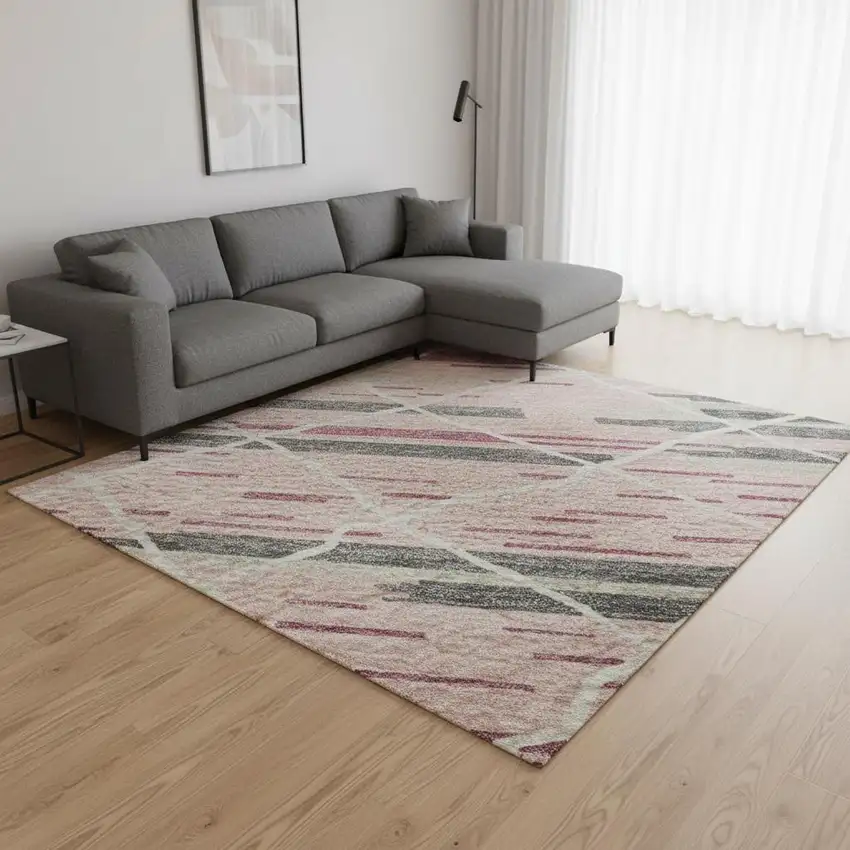 Pink Ivory And Gray Striped Washable Area Rug With UV Protection Photo 2