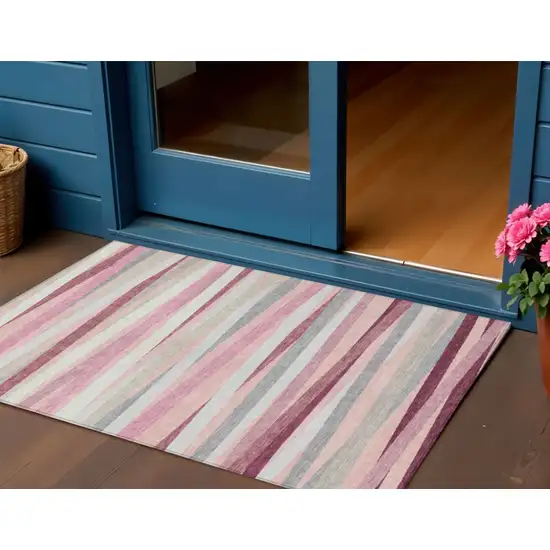 Pink Ivory And Gray Striped Washable Indoor Outdoor Area Rug Photo 1