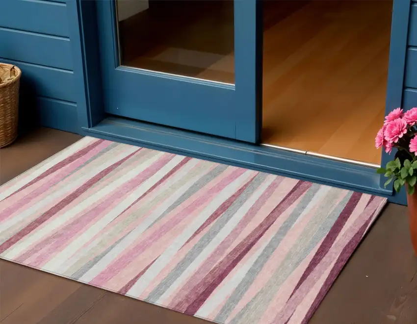 Pink Ivory And Gray Striped Washable Indoor Outdoor Area Rug Photo 1