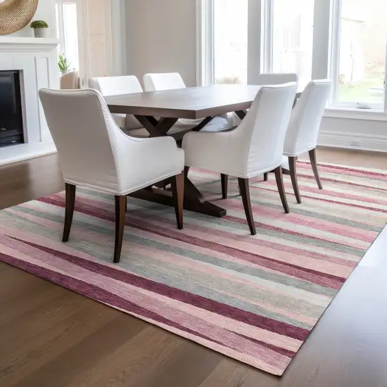Pink Ivory And Gray Striped Washable Indoor Outdoor Area Rug Photo 9