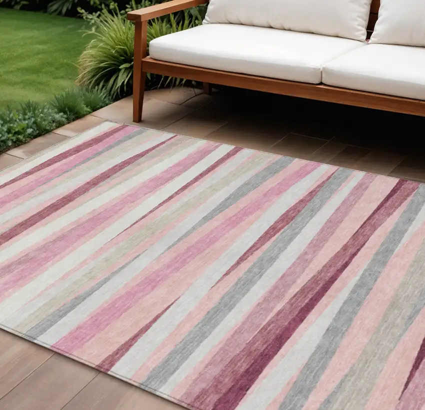 Pink Ivory And Gray Striped Washable Indoor Outdoor Area Rug Photo 1