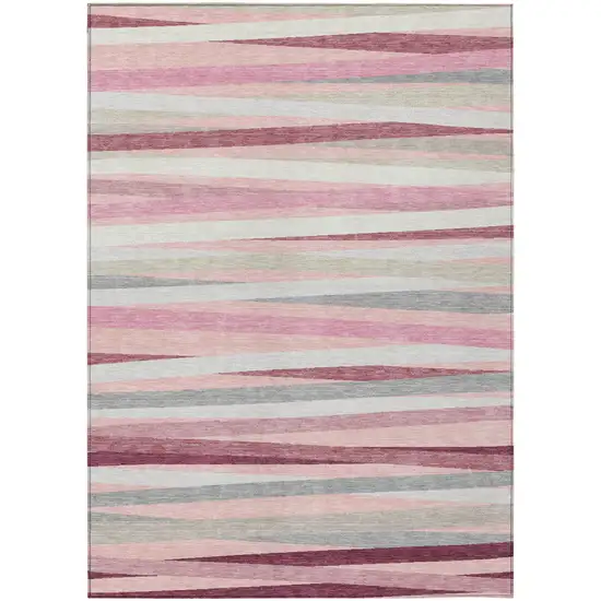 Pink Ivory And Gray Striped Washable Indoor Outdoor Area Rug Photo 2