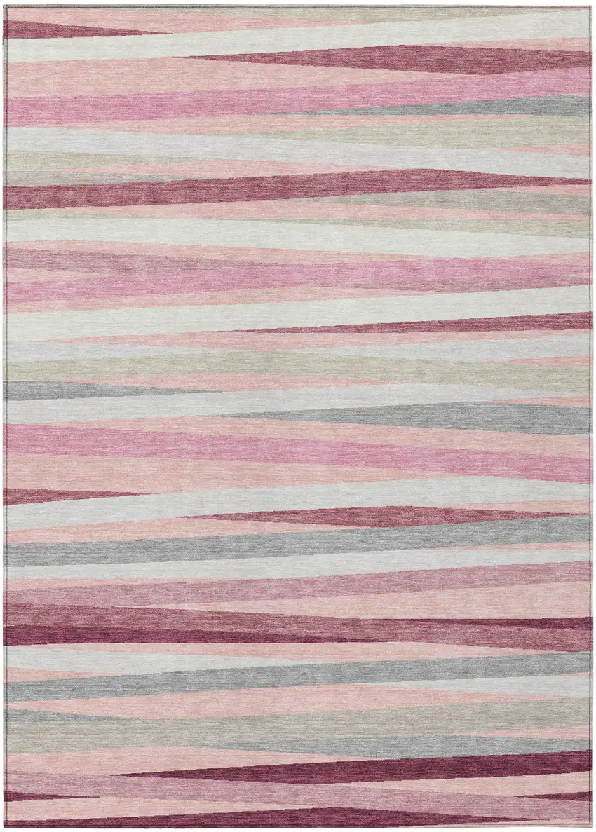 Pink Ivory And Gray Striped Washable Indoor Outdoor Area Rug Photo 2