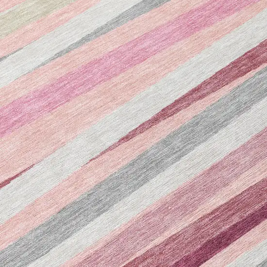 Pink Ivory And Gray Striped Washable Indoor Outdoor Area Rug Photo 5