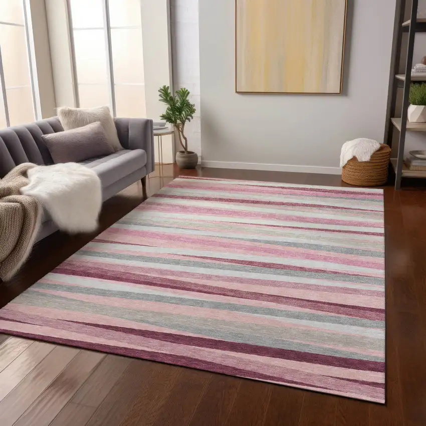 Pink Ivory And Gray Striped Washable Indoor Outdoor Area Rug Photo 9