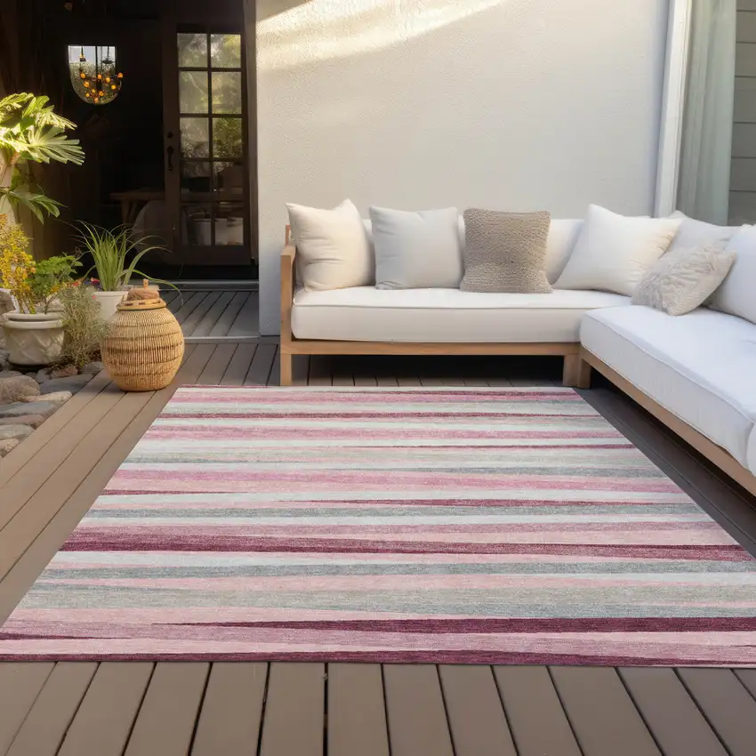 Pink Ivory And Gray Striped Washable Indoor Outdoor Area Rug Photo 8