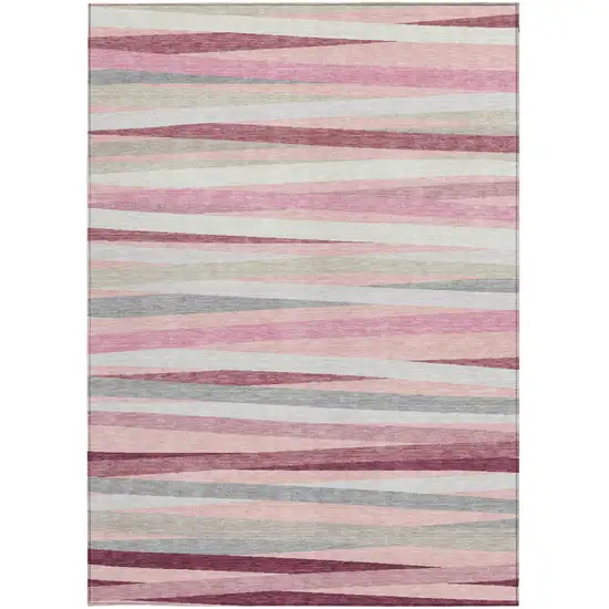 Pink Ivory And Gray Striped Washable Indoor Outdoor Area Rug Photo 7