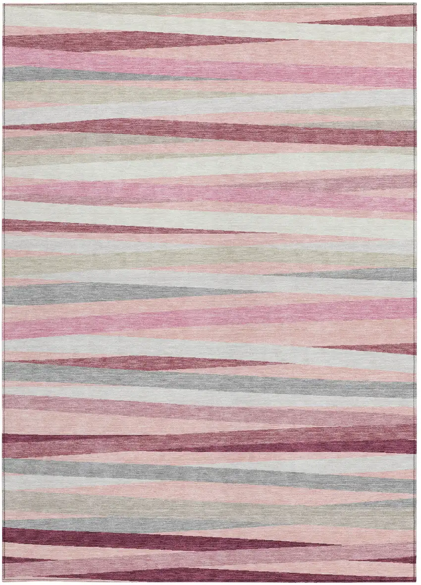 Pink Ivory And Gray Striped Washable Indoor Outdoor Area Rug Photo 7
