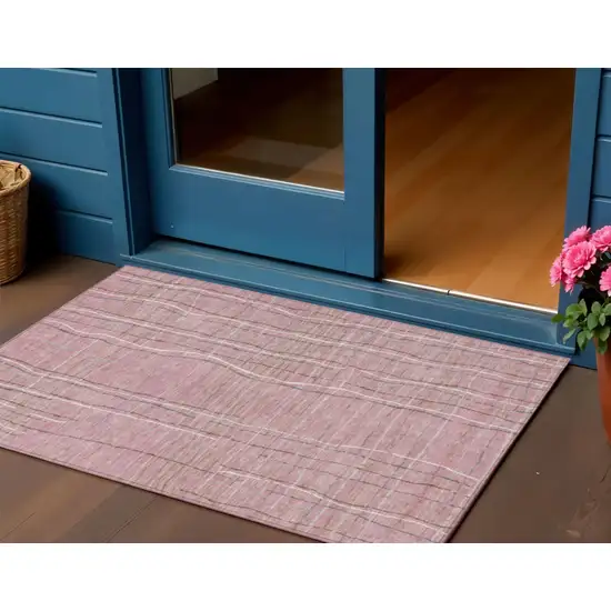 Pink Ivory And Gray Striped Washable Indoor Outdoor Area Rug Photo 1