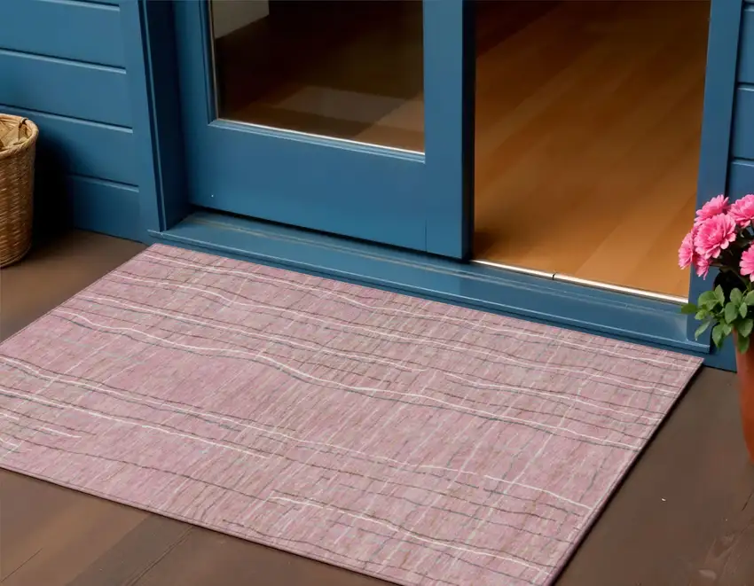 Pink Ivory And Gray Striped Washable Indoor Outdoor Area Rug Photo 1