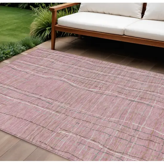 Pink Ivory And Gray Striped Washable Indoor Outdoor Area Rug Photo 1