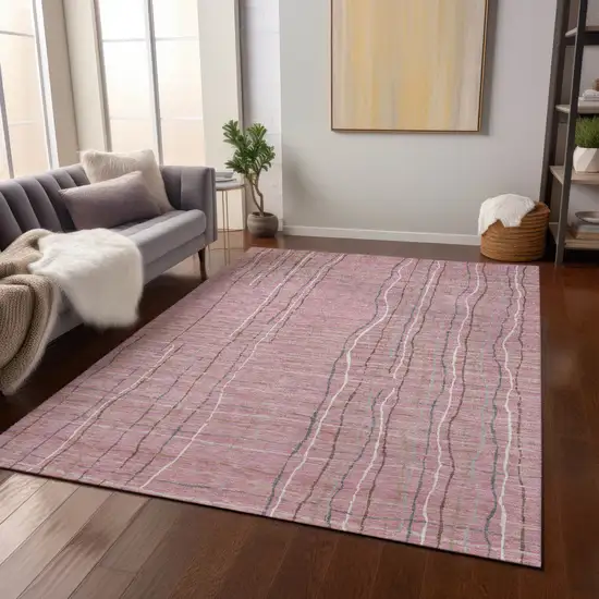 Pink Ivory And Gray Striped Washable Indoor Outdoor Area Rug Photo 8