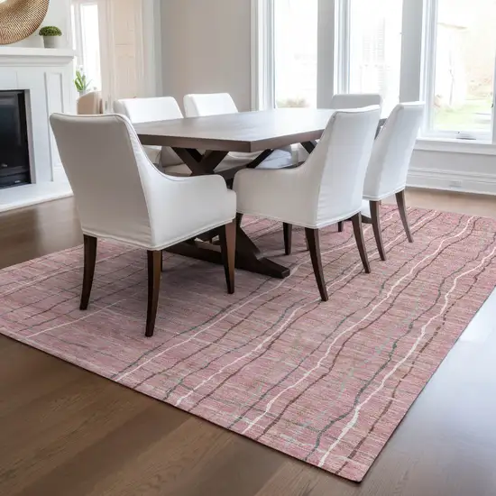Pink Ivory And Gray Striped Washable Indoor Outdoor Area Rug Photo 9
