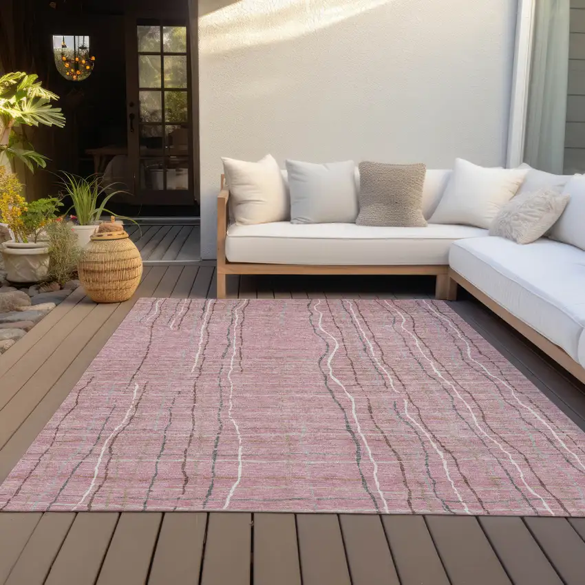 Pink Ivory And Gray Striped Washable Indoor Outdoor Area Rug Photo 7