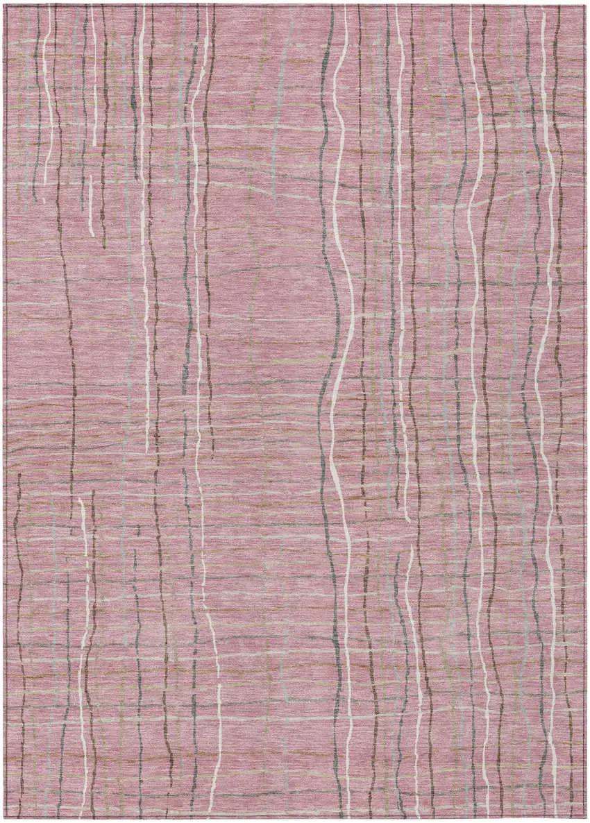 Pink Ivory And Gray Striped Washable Indoor Outdoor Area Rug Photo 2