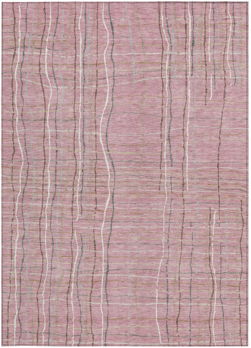 Pink Ivory And Gray Striped Washable Indoor Outdoor Area Rug Photo 6