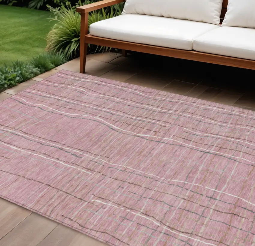 Pink Ivory And Gray Striped Washable Indoor Outdoor Area Rug Photo 1