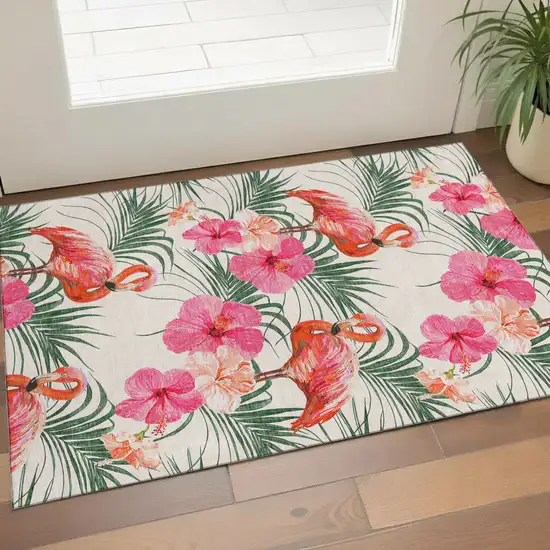 Pink Ivory And Green Geometric Washable Area Rug With UV Protection Photo 1