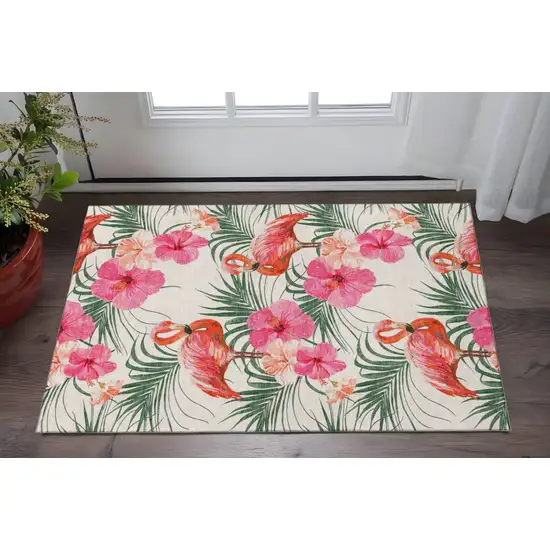 Pink Ivory And Green Geometric Washable Area Rug With UV Protection Photo 1