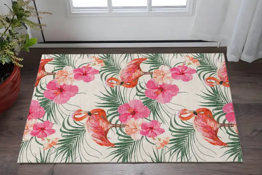 Pink Ivory And Green Geometric Washable Area Rug With UV Protection Photo 1