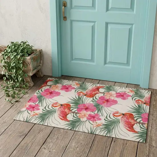 Pink Ivory And Green Geometric Washable Area Rug With UV Protection Photo 1