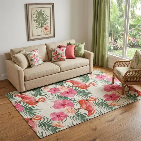 Pink Ivory And Green Geometric Washable Area Rug With UV Protection Photo 1