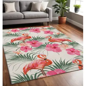 Photo of Pink Ivory And Green Geometric Washable Area Rug With UV Protection