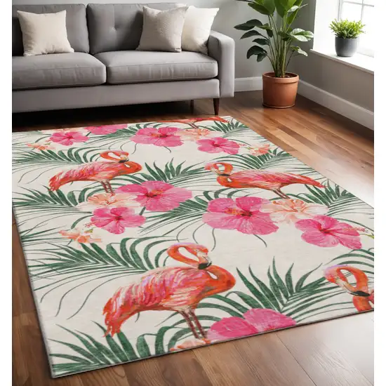 Pink Ivory And Green Geometric Washable Area Rug With UV Protection Photo 1