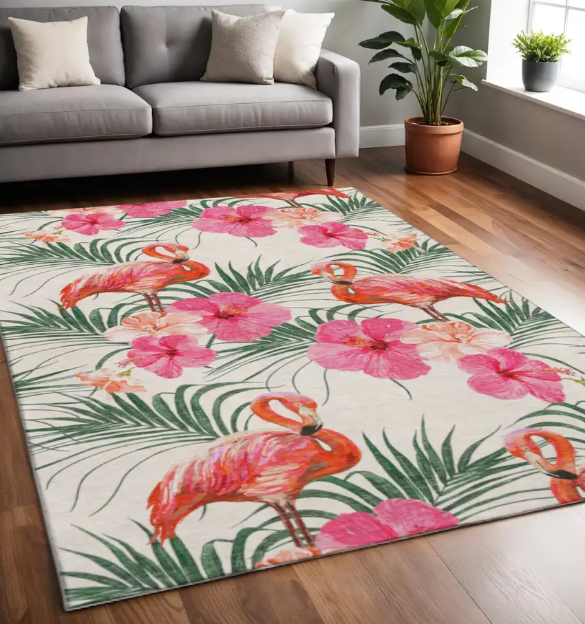 Pink Ivory And Green Geometric Washable Area Rug With UV Protection Photo 1