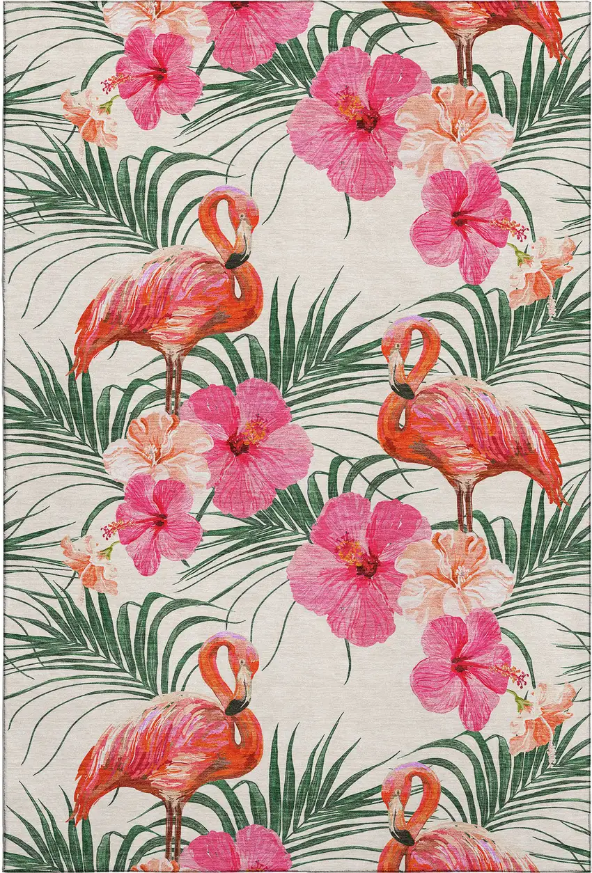 Pink Ivory And Green Geometric Washable Area Rug With UV Protection Photo 2