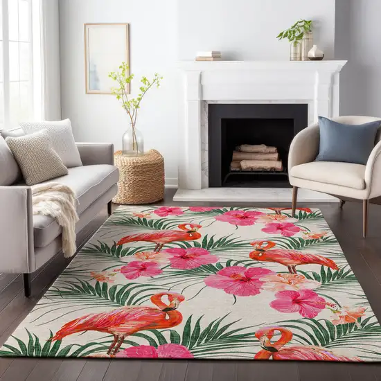 Pink Ivory And Green Geometric Washable Area Rug With UV Protection Photo 8