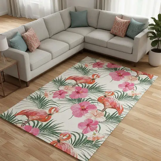 Pink Ivory And Green Geometric Washable Area Rug With UV Protection Photo 1